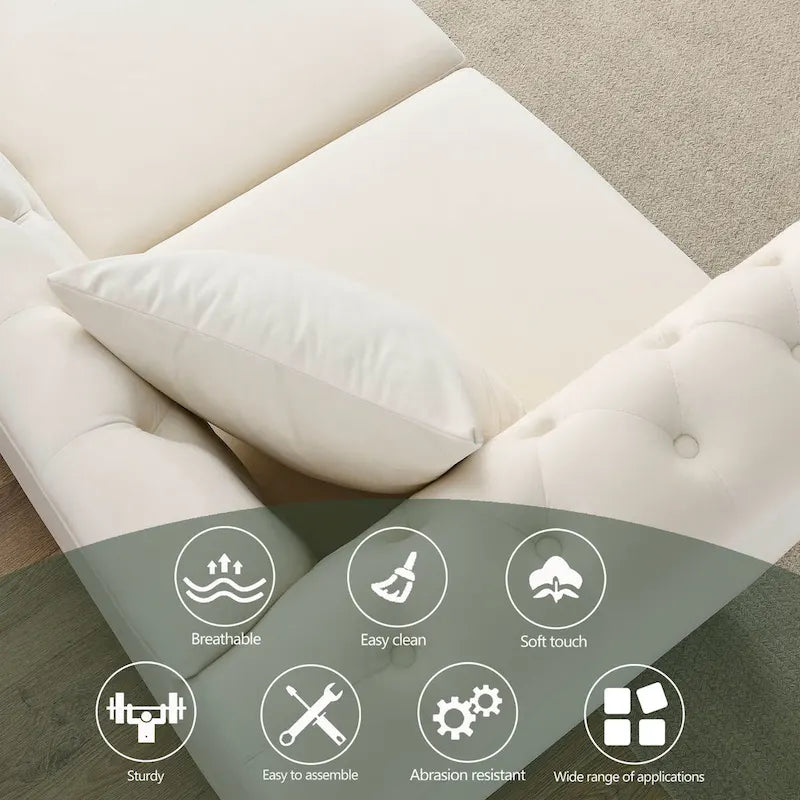 Canapé 3 places en velours beige avec accoudoirs enroulés, finition clous de tapissier, 2 coussins