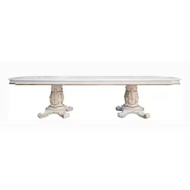 Table de salle à manger, double piédestal, 84-120 pouces blanc perle antique
