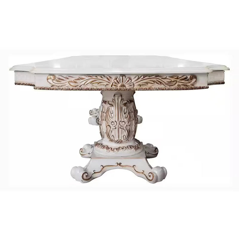 Table de salle à manger, double piédestal, 84-120 pouces blanc perle antique