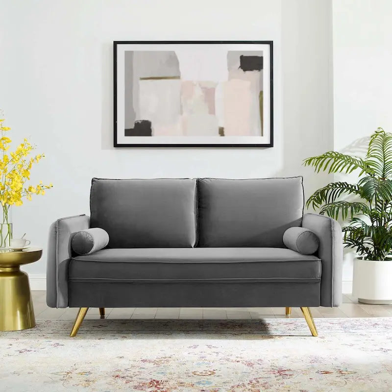 Canapé deux places en velours, canapé moderne rembourré avec coussin épais, canapé pour petit espace pour chambre à coucher ou chambre d'amis