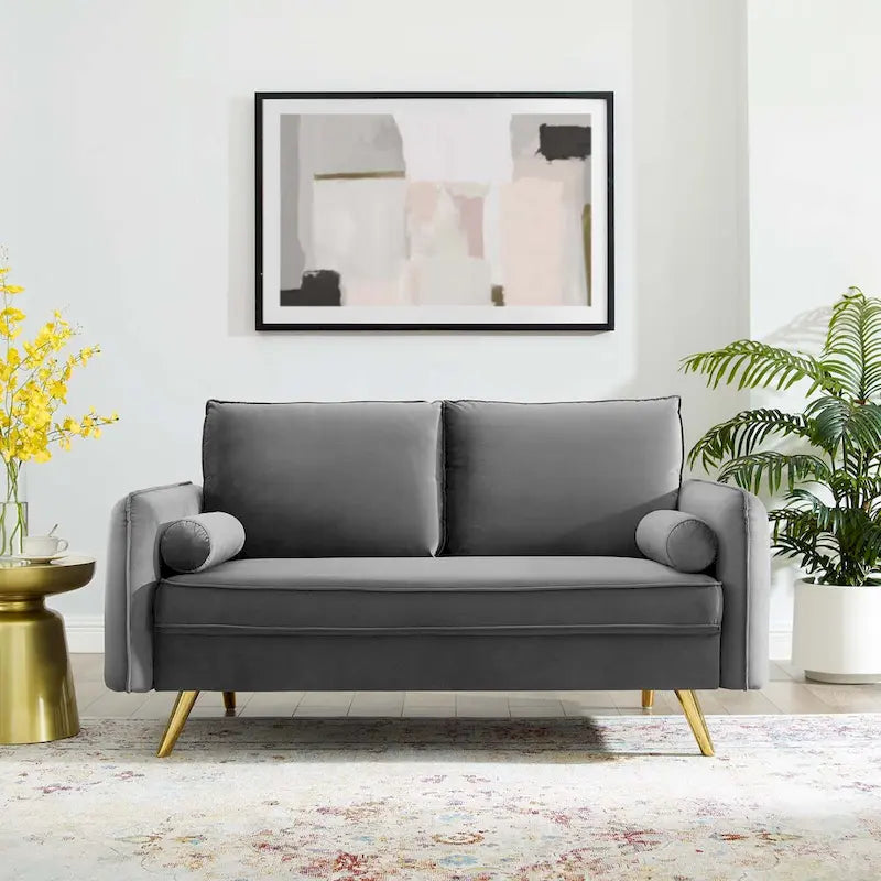 Canapé deux places en velours, canapé moderne rembourré avec coussin épais, canapé pour petit espace pour chambre à coucher ou chambre d'amis