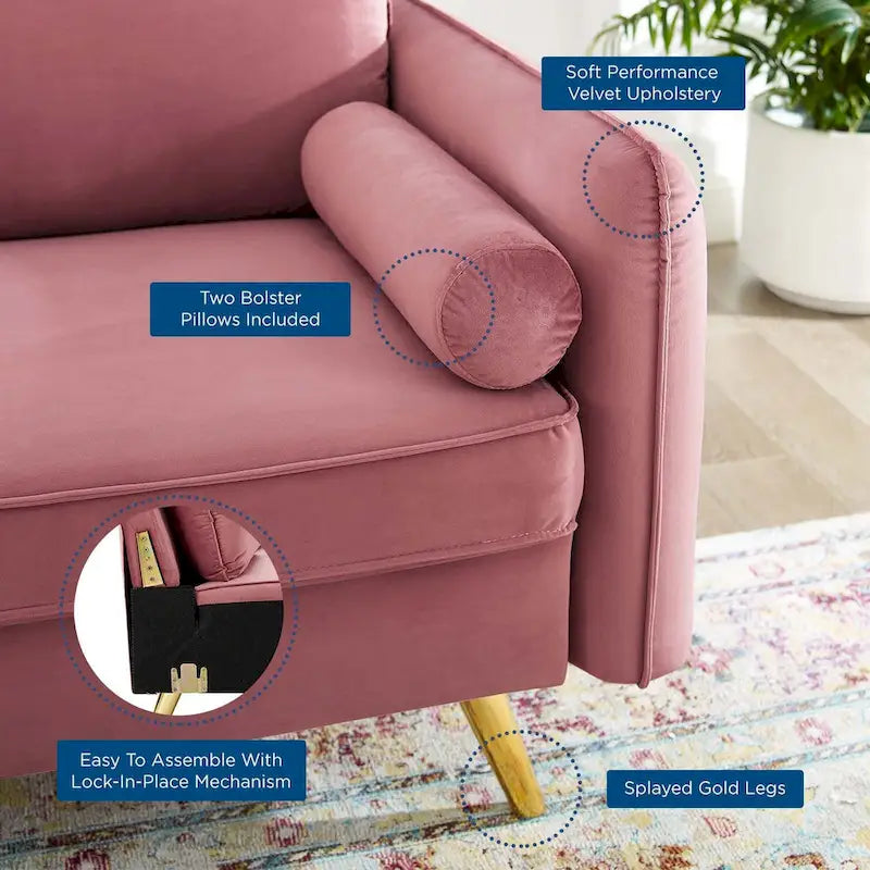 Canapé deux places en velours, canapé moderne rembourré avec coussin épais, canapé pour petit espace pour chambre à coucher ou chambre d'amis