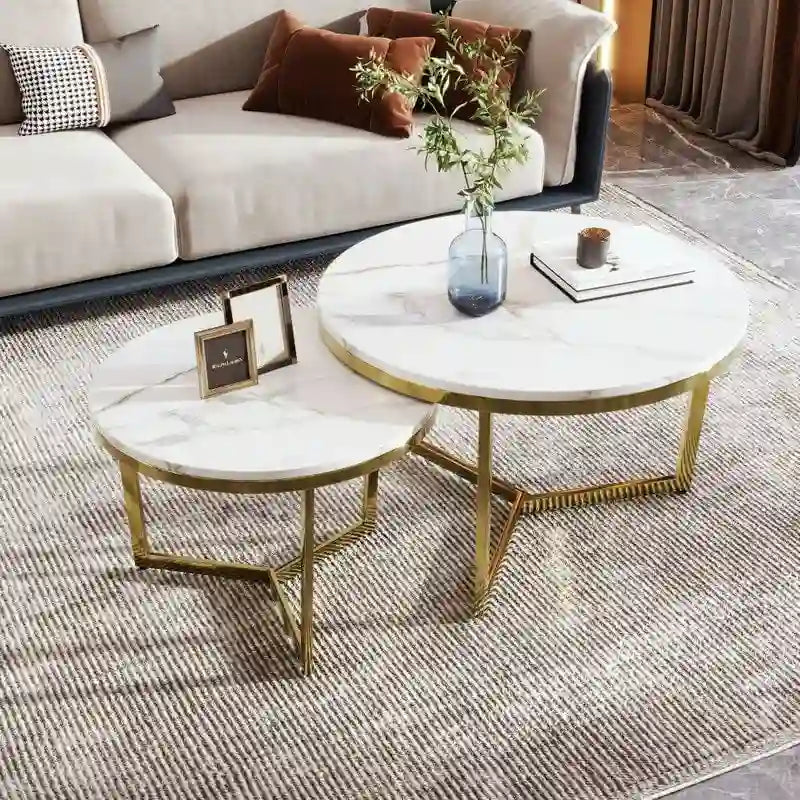Ensemble de 2 tables basses rondes modernes – plateau à motif marbre et base dorée