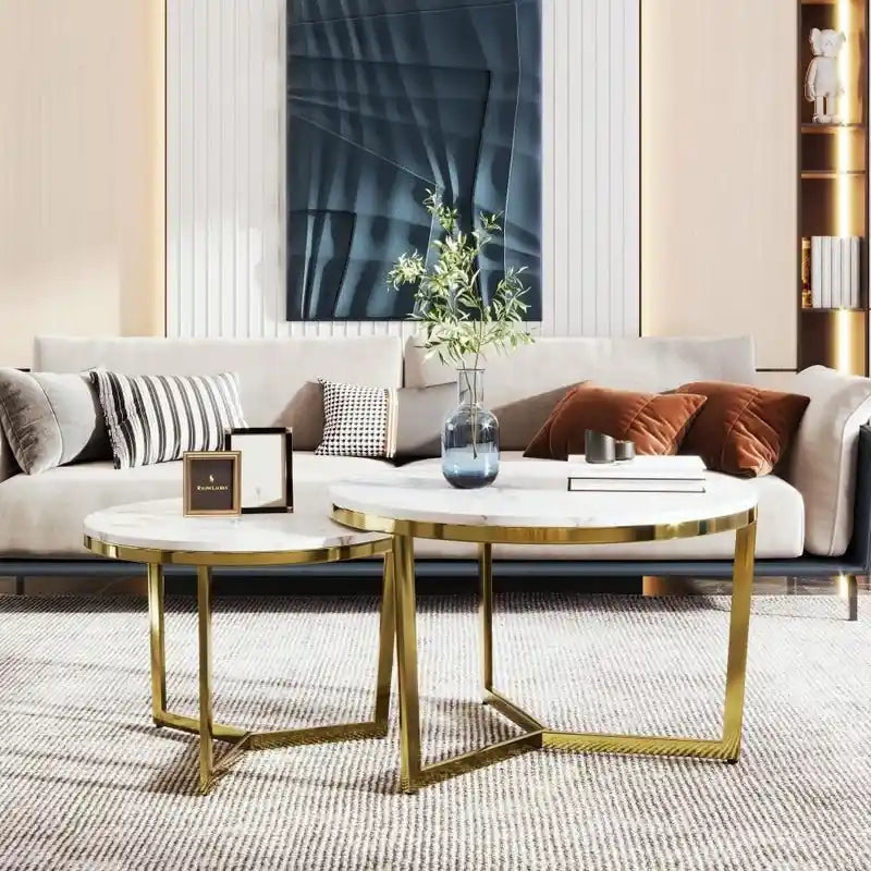 Ensemble de 2 tables basses rondes modernes – plateau à motif marbre et base dorée