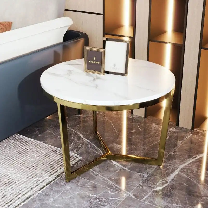 Ensemble de 2 tables basses rondes modernes – plateau à motif marbre et base dorée