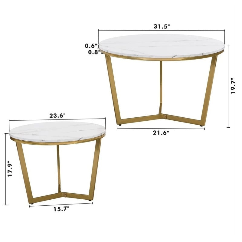 Ensemble de 2 tables basses rondes modernes – plateau à motif marbre et base dorée