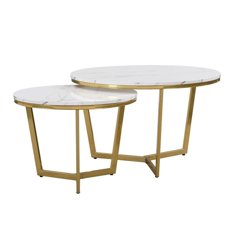 Ensemble de 2 tables basses rondes modernes – plateau à motif marbre et base dorée