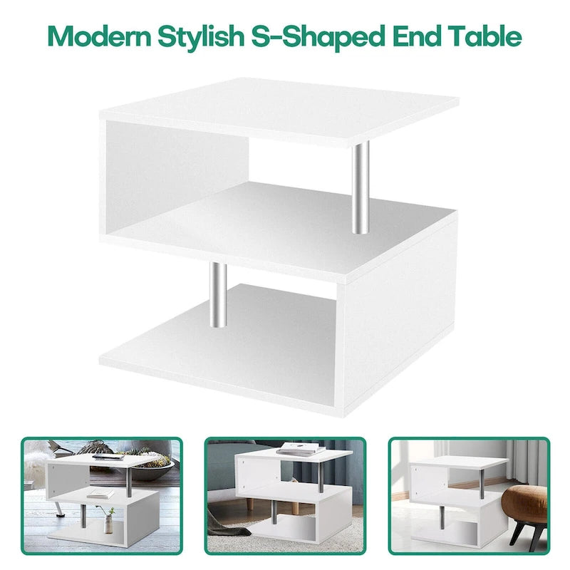 Table d'appoint ou table basse en S à 3 niveaux avec étagère de rangement - 52,6 cm (H) x 43,9 cm (L) x 37,8 cm (P)