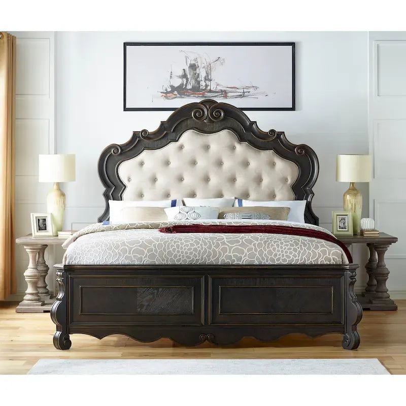 Cadre de lit vintage en bois massif sculpté, tête de lit capitonnée à boutons, lit plateforme traditionnel avec pied de lit à rangement pour chambre à coucher