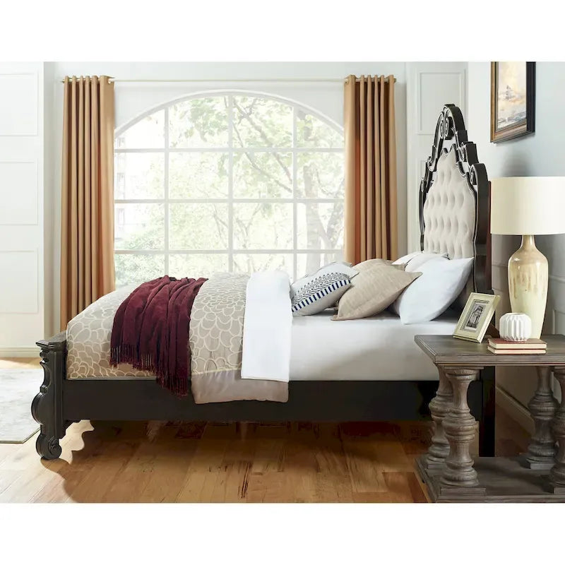 Cadre de lit vintage en bois massif sculpté, tête de lit capitonnée à boutons, lit plateforme traditionnel avec pied de lit à rangement pour chambre à coucher