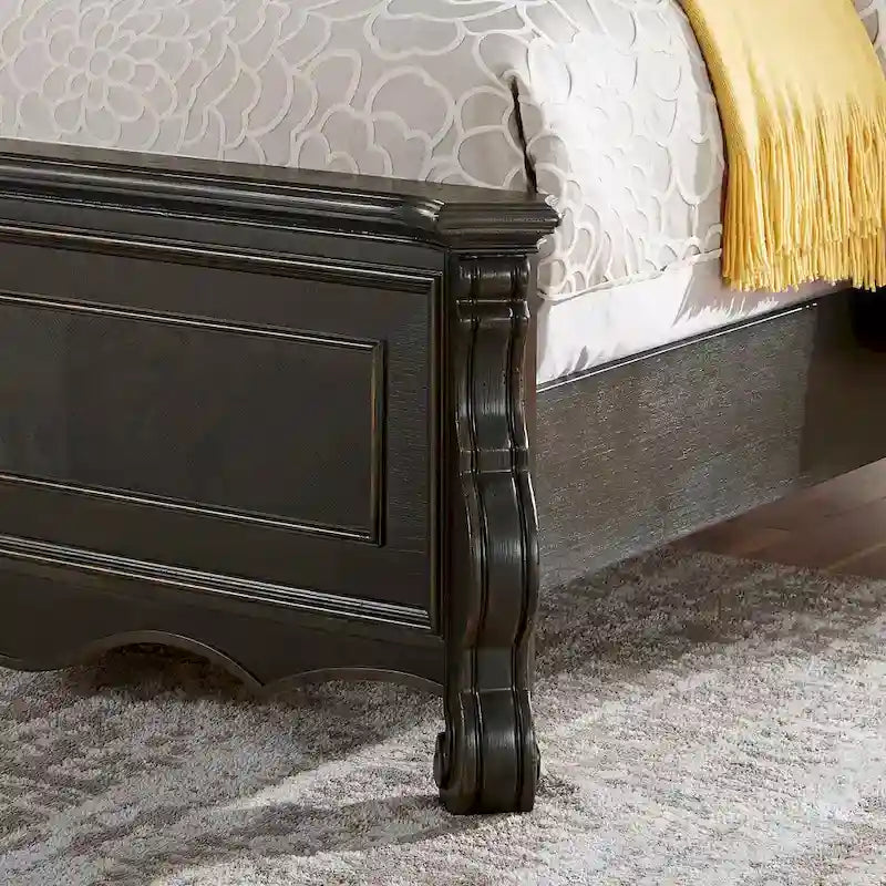 Cadre de lit vintage en bois massif sculpté, tête de lit capitonnée à boutons, lit plateforme traditionnel avec pied de lit à rangement pour chambre à coucher