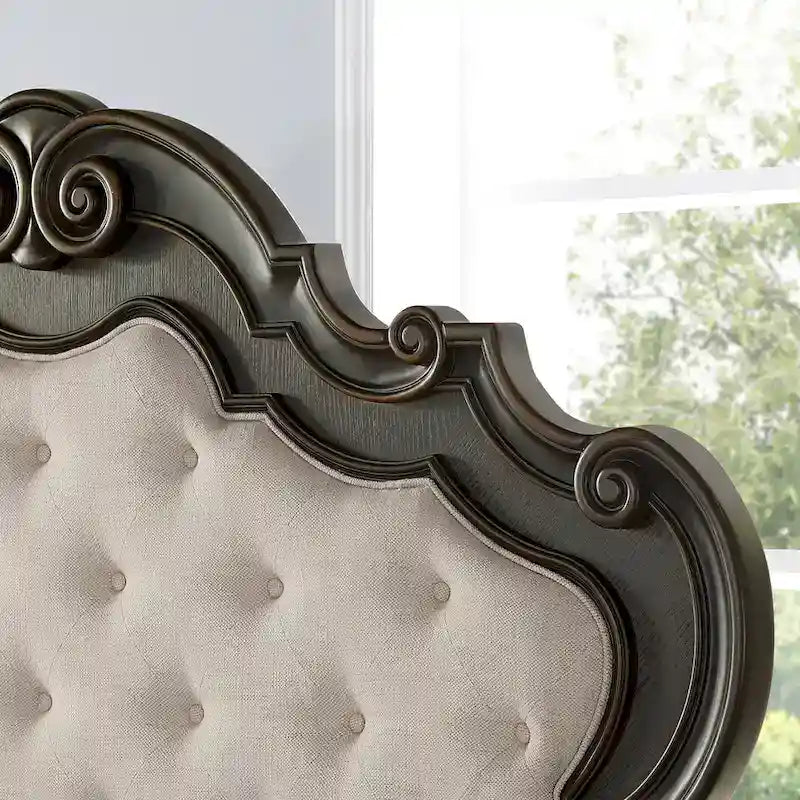 Cadre de lit vintage en bois massif sculpté, tête de lit capitonnée à boutons, lit plateforme traditionnel avec pied de lit à rangement pour chambre à coucher
