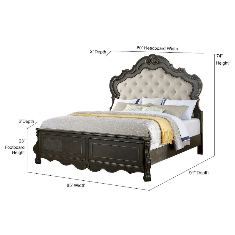 Cadre de lit vintage en bois massif sculpté, tête de lit capitonnée à boutons, lit plateforme traditionnel avec pied de lit à rangement pour chambre à coucher