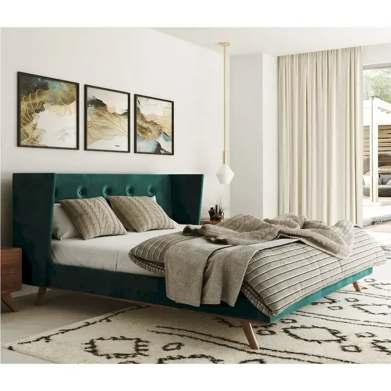Lit moderne en tissu vert et noyer