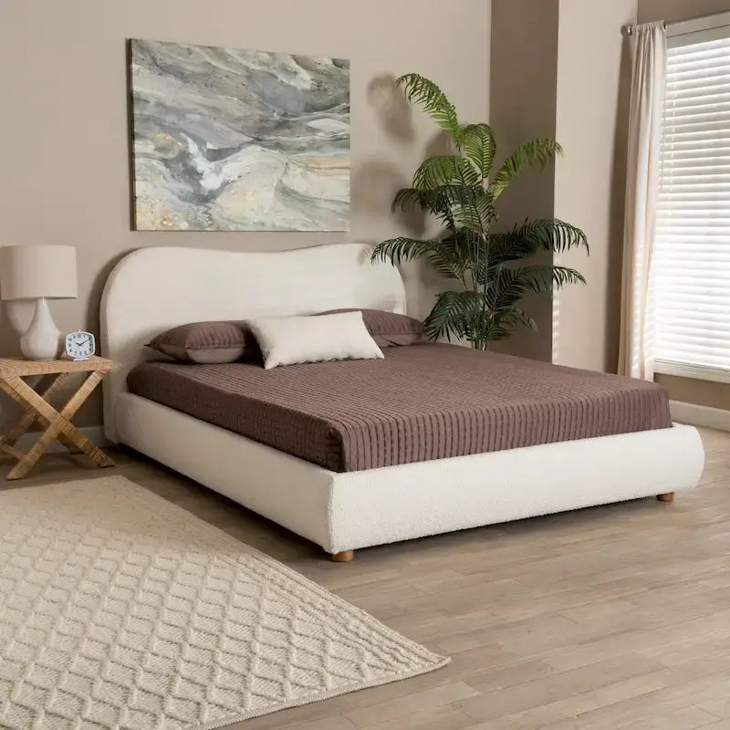 Maya Mid-Century Modern Cream Boucle Fabric and Oak Brown Finished Wood Queen Size Platform Bed