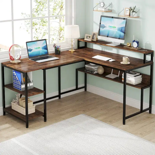 59 Corner L Shaped Desk with Monitor Stand and Storage Shelf,Reversible Large Workstation Desk Furniture for Home Office