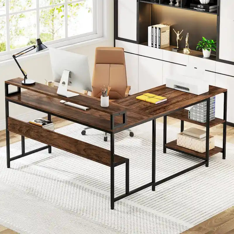 Bureau d'angle en L de 59 pouces avec support d'écran et étagère de rangement, grand bureau réversible pour la maison ou le bureau