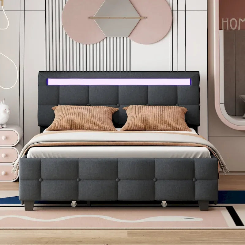 Lit plateforme capitonné Queen Size avec cadre LED et 4 tiroirs, tissu de lin