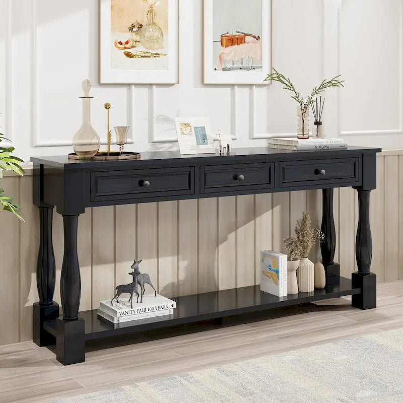 Table console de 63 pouces, longue table de canapé avec tiroirs et étagère, table d'entrée de style campagnard français