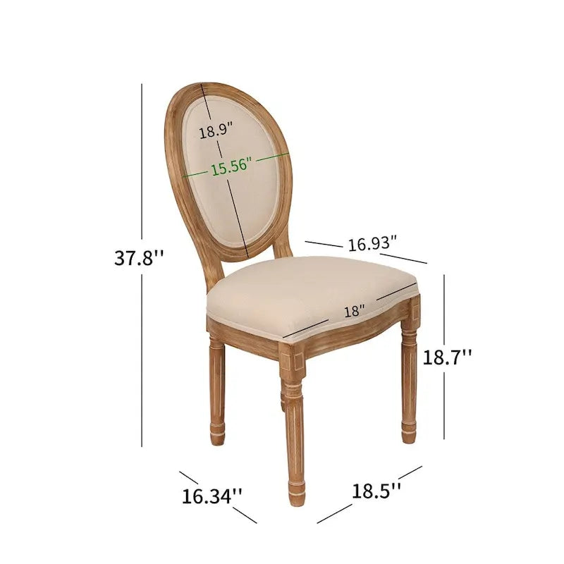Chaises de salle à manger de style campagnard français à dossier rond, lot de 2, pieds en bois massif