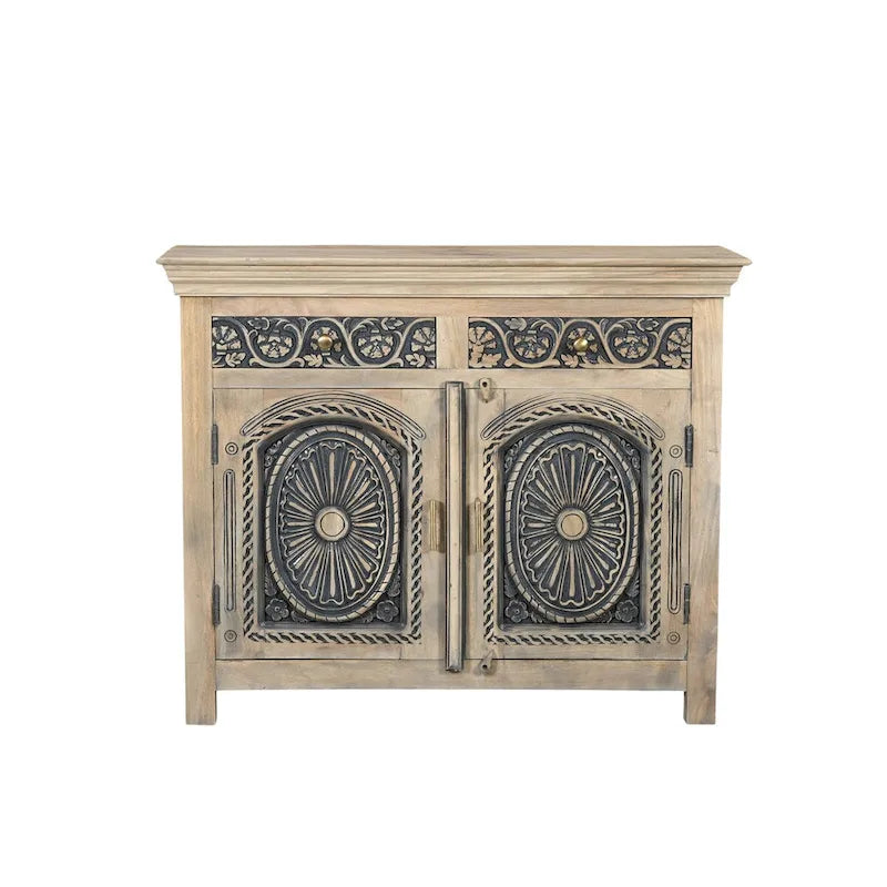 Buffet 2 tiroirs 2 portes en bois massif sculpté