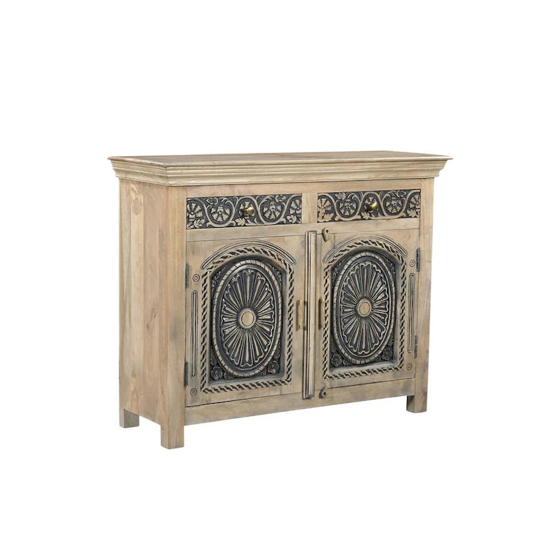 Buffet 2 tiroirs 2 portes en bois massif sculpté