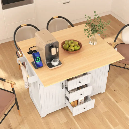 55,7 Îlot de cuisine, 2 abattants, chariot de cuisine roulant à 5 roues, prise de courant, table à manger pliante, porte-épices et porte-serviettes, 3 tiroirs