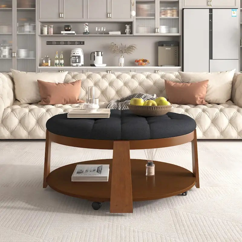Table basse ottomane ronde moderne grand format, à 2 niveaux, avec capitonnage à boutons et étagère de rangement en bois