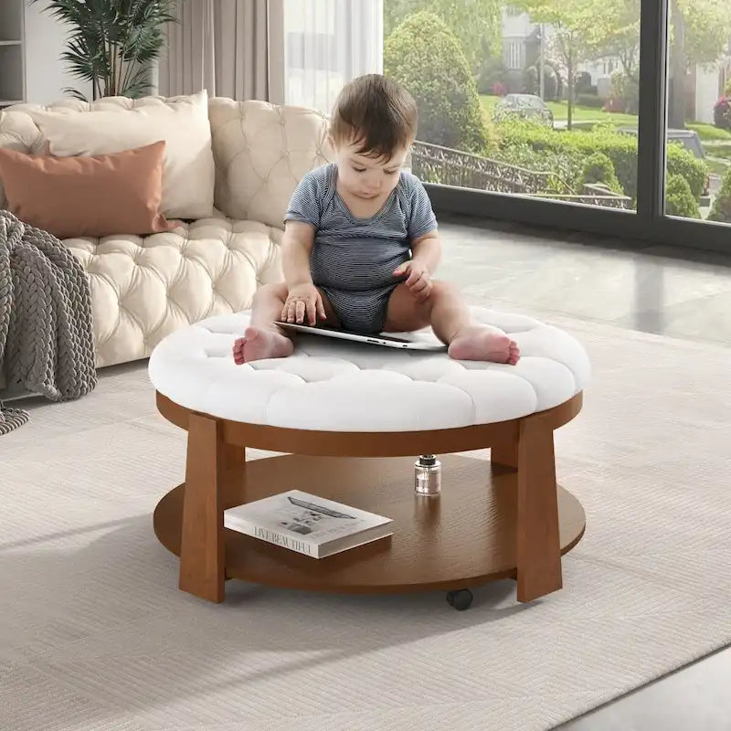 Table basse ottomane ronde moderne grand format, à 2 niveaux, avec capitonnage à boutons et étagère de rangement en bois